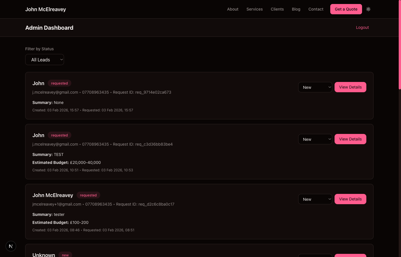 Admin dashboard with request list and detail view