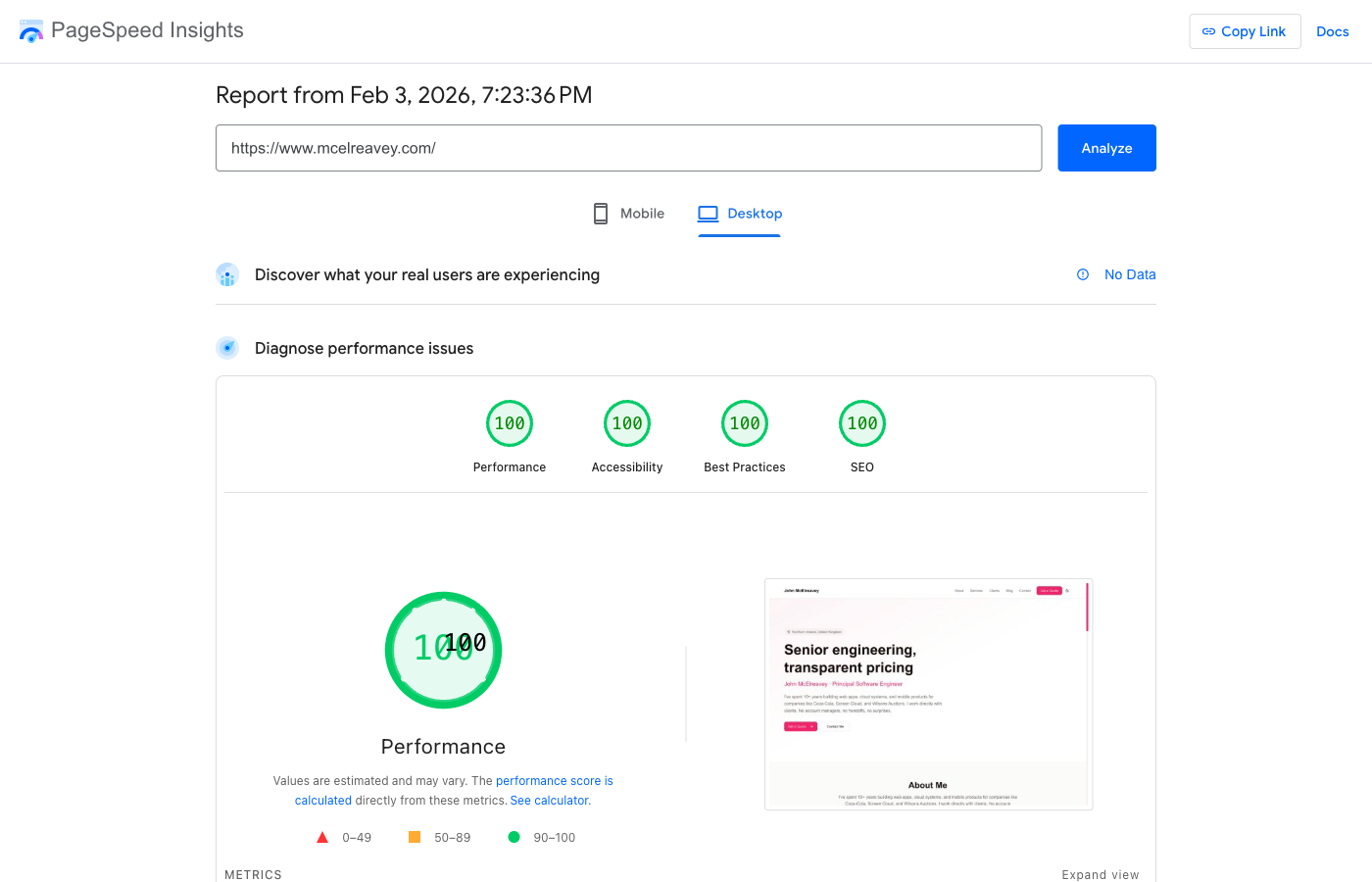 PageSpeed Insights showing 100 across all four scores
