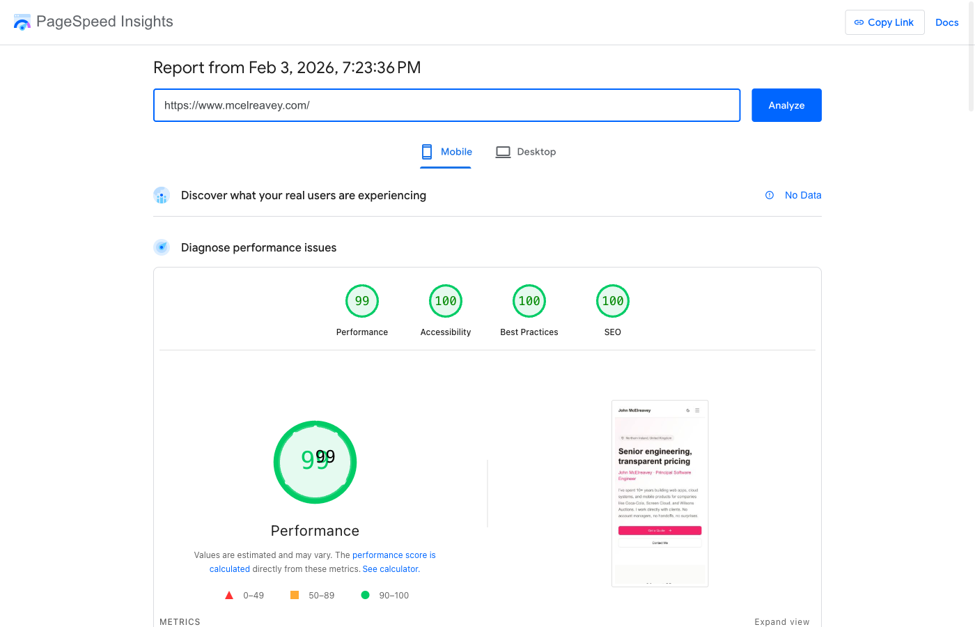 Mobile PageSpeed score of 99